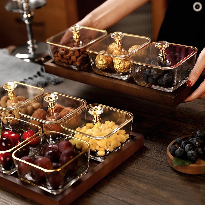 Cover European Creative Snack tray Melons Seeds Glass Sugar Packed Fruit Plate Golden gold Candy Nuts transparent Fruit Box