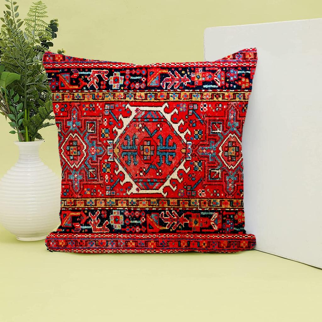 1Pc Red Persian Kilim Cushion Cover, Oriental Bohemian Rug Print Throw Pillow Case For Home Sofa Bedroom Decor