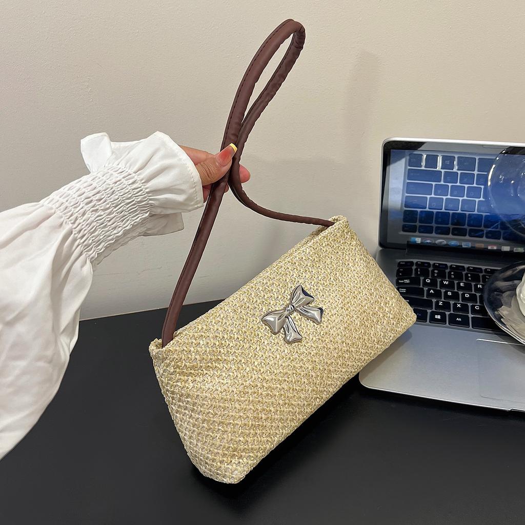 Large Capacity New Casual Temperament Underarm Simple Fashion Solid Color Bow Summer 2025 Straw Woven Shoulder Bag Bag