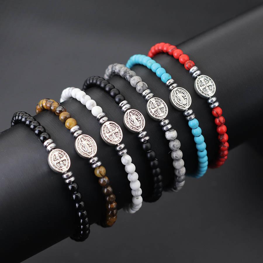 Trendy 4mm Kruis Armband Heren Dames Natuurlijke Tijgeroogsteen Turquoise Armband Handgemaakt Pauselijk Gebed Armband Mannelijke Manchet Sieraden