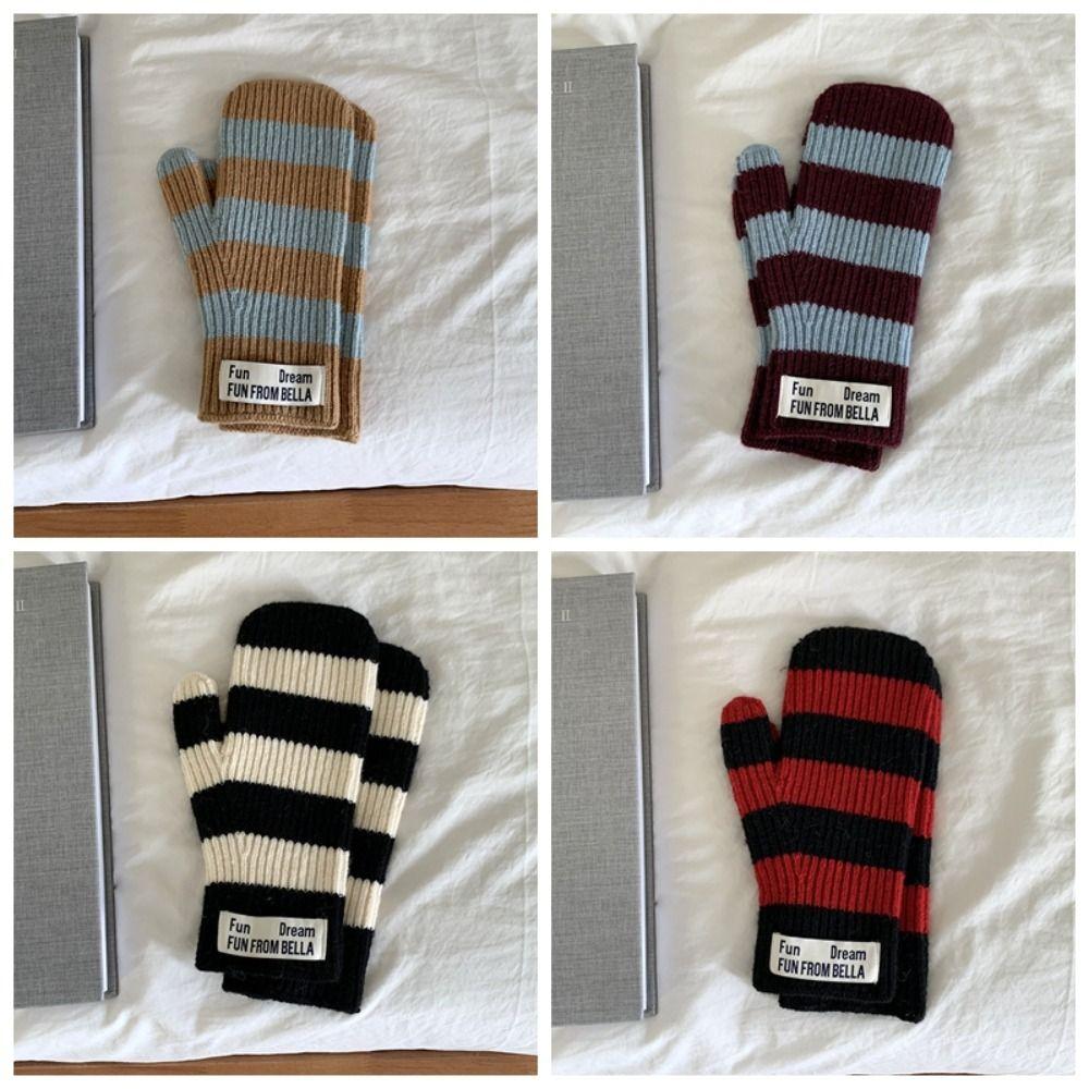 Thickened Striped Gloves Korean Electric Vehicle Gloves Simple Winter Warm Riding Gloves  Girl