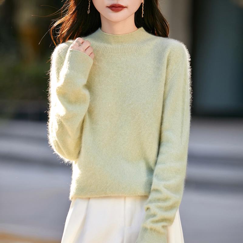 Milk Huhu Women's Solid Color Half-High Collar Wool Knit Sweater - Lazy Style, Brushed Fleece for Autumn/Winter