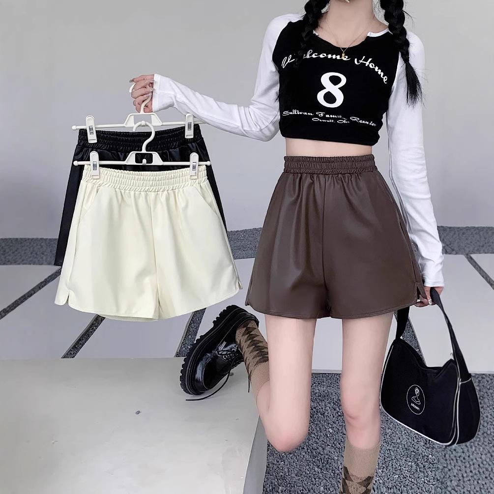 

Women s High Waist Coffee Leather Shorts - 2025 Autumn/Winter Loose-Fit Versatile PU Leather Shorts 3XL кофейный