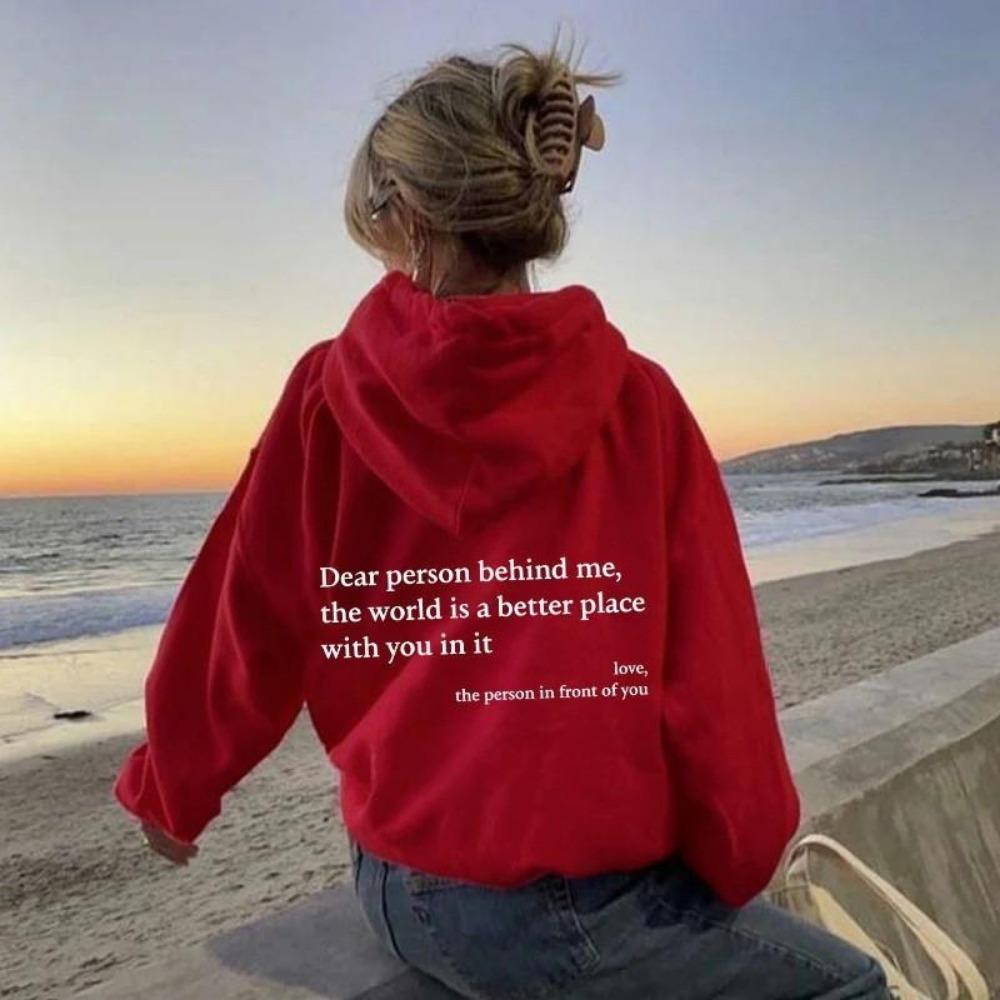 Women'S Shoulder Sleeve Fleece Sweater Plain Letter Print Kangaroo Pocket Drawstring Print Hoodie