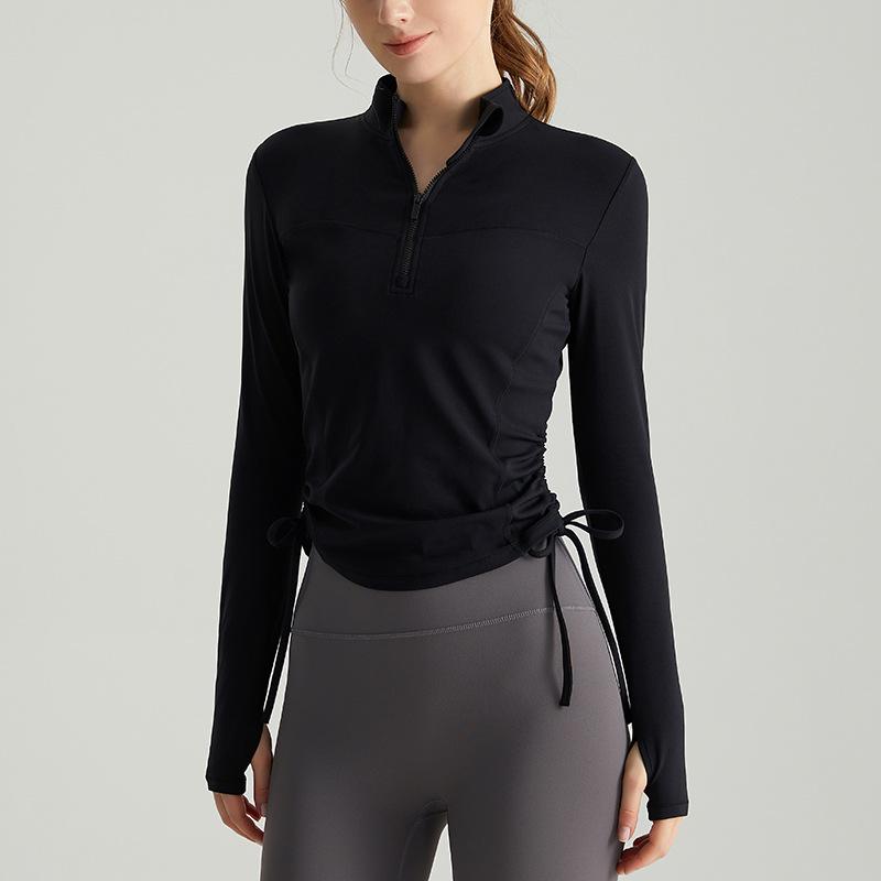 Chuandun Top da Yoga Slim a Maniche Lunghe da Donna Autunno Inverno con Collo Alto Mezza Zip e Pieghe Coulisse