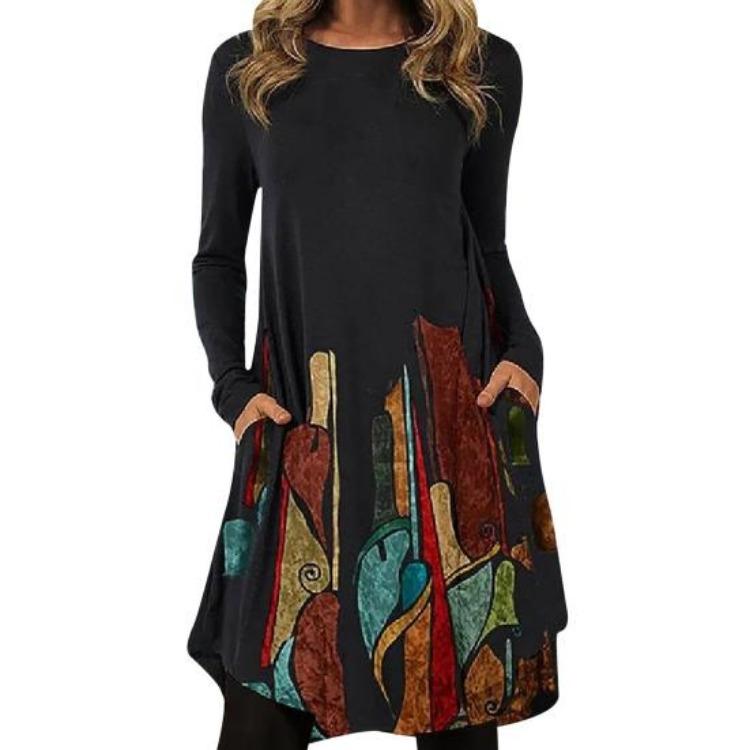 Lady Warm Long Sleeve Autumn Dress Trendy Casual Geometric Pattern Work Dress