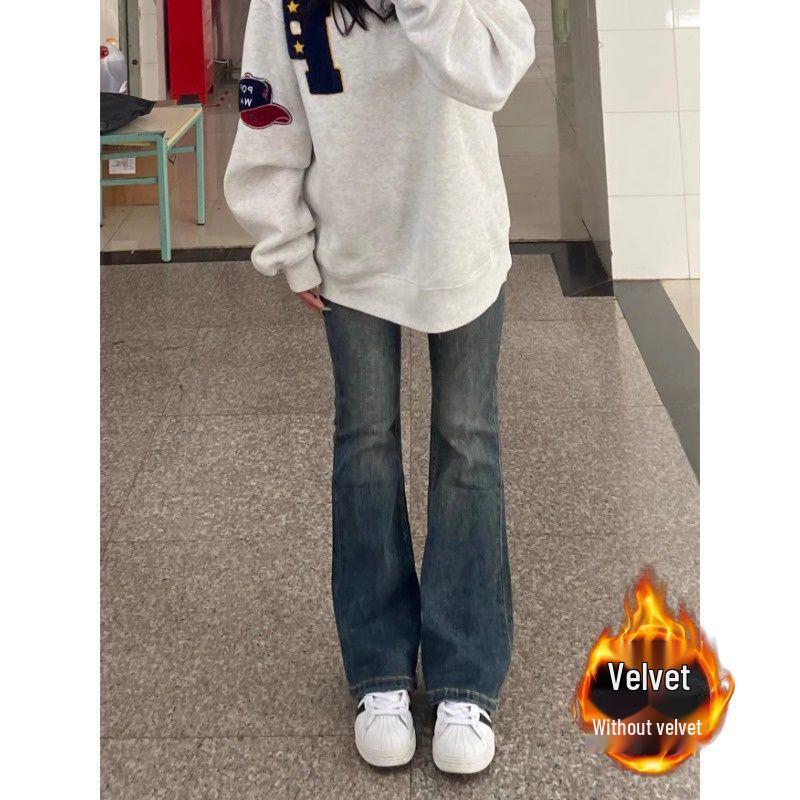 Cement Gray High-Waisted Micro-Flare Jeans with Plus Velvet for Women - Autumn/Winter Slimming Pear-Shaped Fit