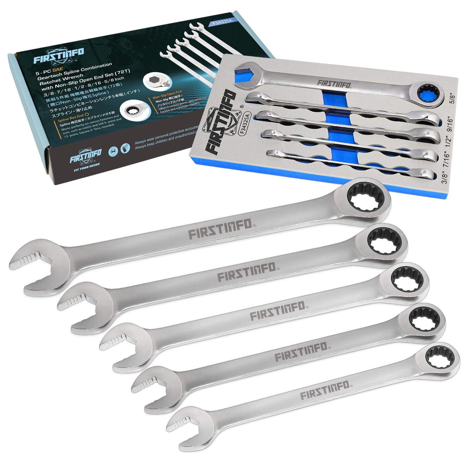 

Ryosho FIRSTINFO TOOLS Ratchet Combination Set Splined, Non-Slip (Inch) Wrench, 5-Piece