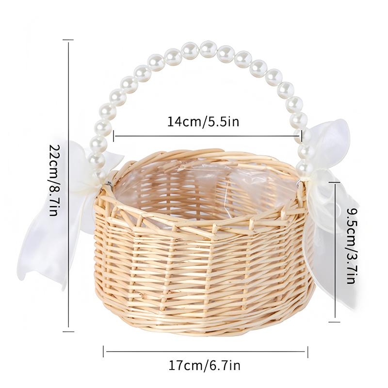 Wicker Flower Basket Picnic Baskets Pearl Handle And Bow Basket Handwoven Rattan Basket Flower Plant Baskets Wedding Party Decor
