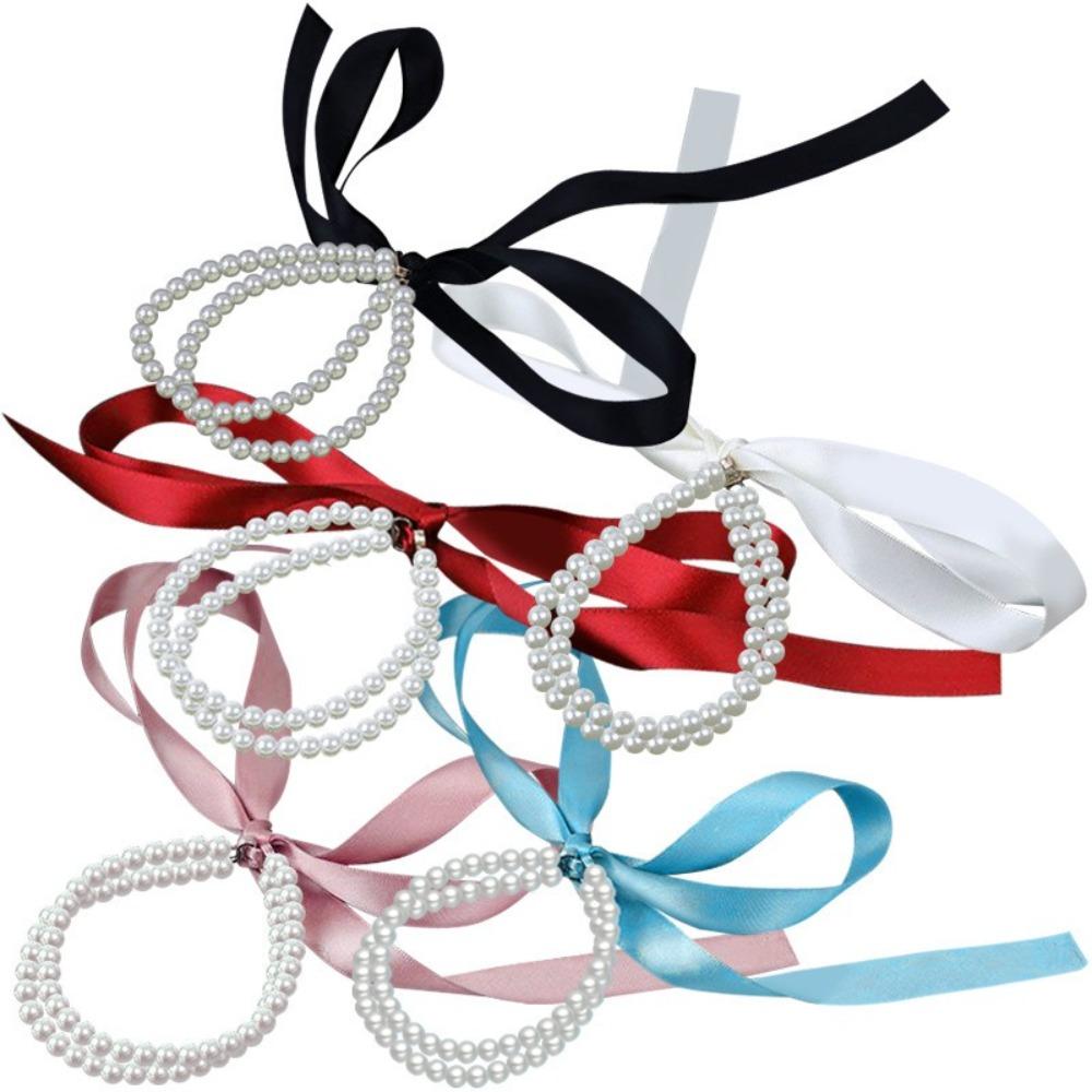 1pair Lovely Colorful Ribbon Bow Anklet High Heels Sandal Decoration Gift Double Layered Anklet Pearls Foot Chain