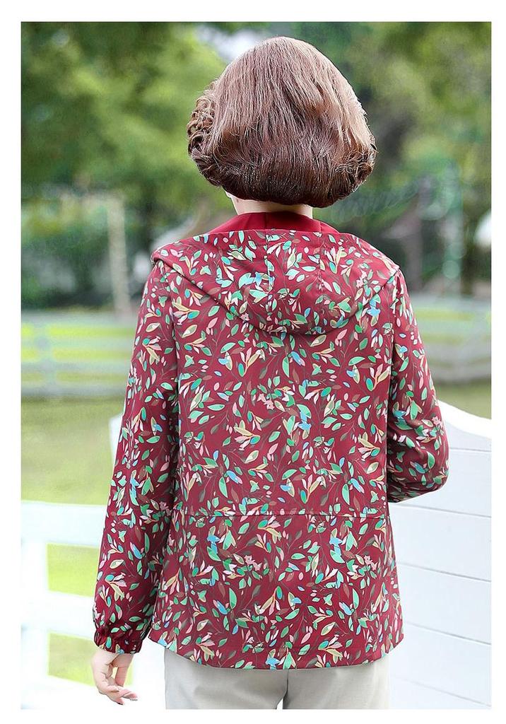 2026 Spring Floral Windproof Hooded Jacket for Middle-Aged & Elderly Moms - Plus Size, Warm & Slimming
