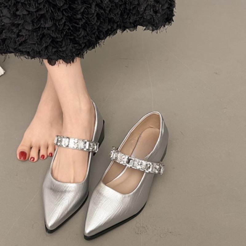 Fashion Square Heels Single Shoes Summer New Pointed Head Shallow Mouth Crystal Buckle Line with Anti-slip Wear-resistant Heel Shoes