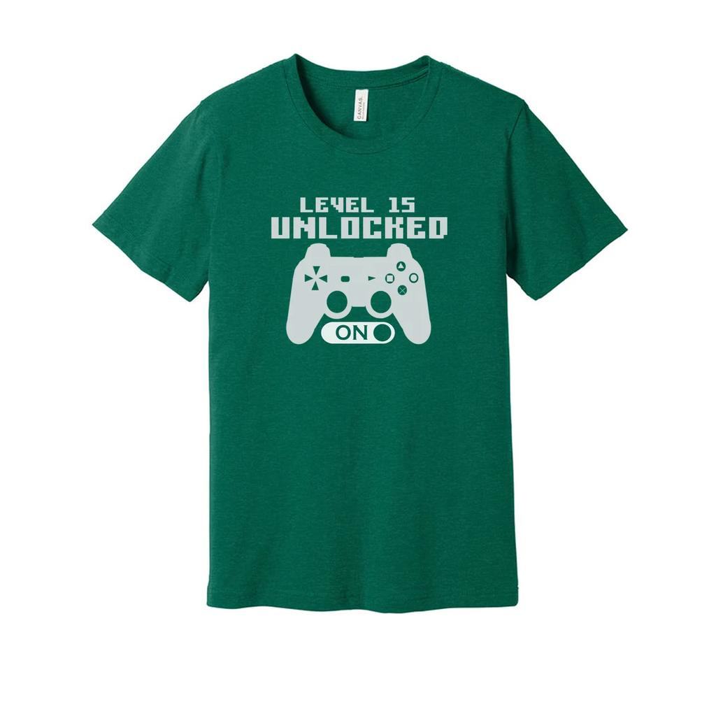 Gamer Unisex T Shirt With Level 15 Unlocked Controller Graphic For Casual Gamers