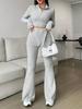 Fashion Solid Stitch Two-Piece Set with Zipper Long Sleeve Crop Top and High Waist Wide Leg Pants Women Casual Outfit