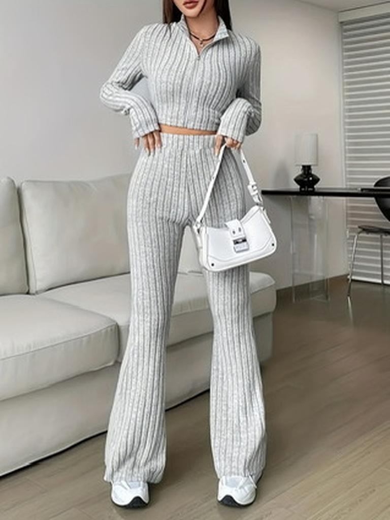 Fashion Solid Stitch Two-Piece Set with Zipper Long Sleeve Crop Top and High Waist Wide Leg Pants Women Casual Outfit