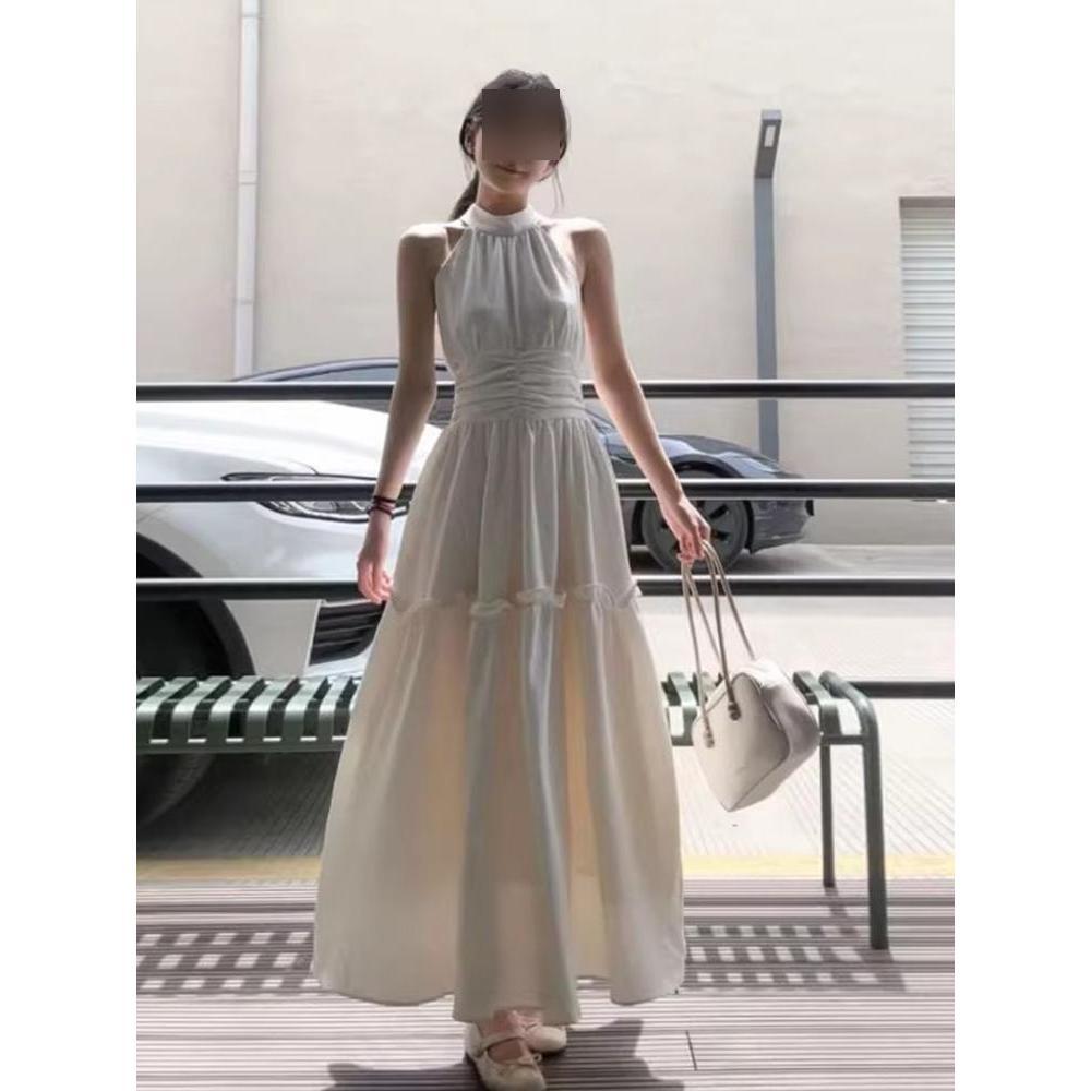 Sleeveless neck sling dress children's summer new seaside vacation style waist thin French temperament long dress