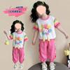 Girls Summer Lightweight Short Sleeve Set with Cute Cat Print