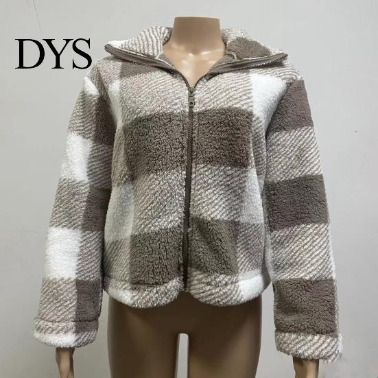 Soft Women Jacket Coat Lapel Long Sleeve Plaid Pattern Loose Fit Zipper Placket Double-Sided Plush Fabric
