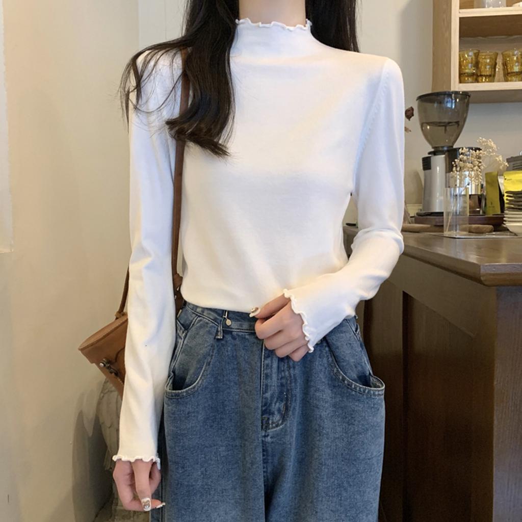 Herbst- und Winterpilzkante Rollkragen Strickpullover Damen schlichte vordere Schulter Innenfutter Oberteil weicher wachsartiger vielseitiger Pullover