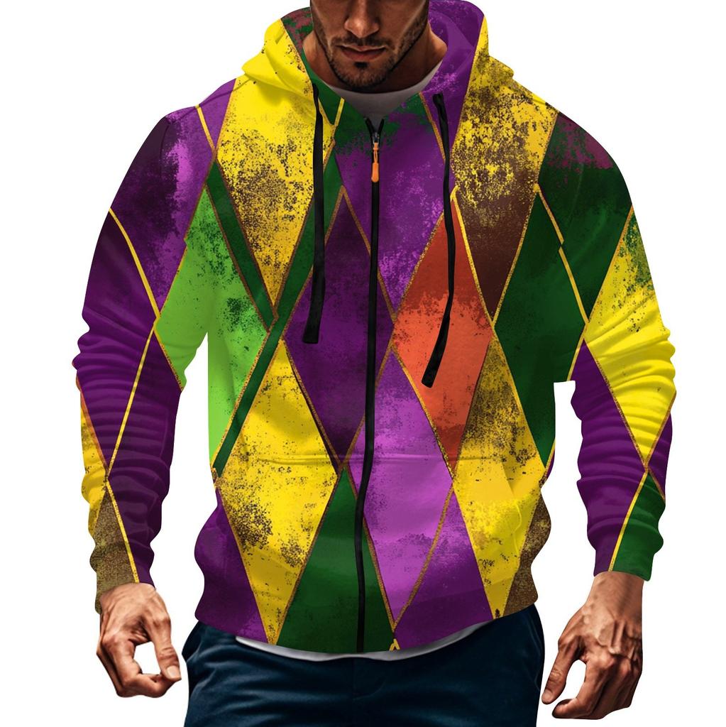 Men's Sports Casual Fleece Hoodie Carnival Print Hoodie Cardigan Zipper Multi-pocket Hoodie Coat