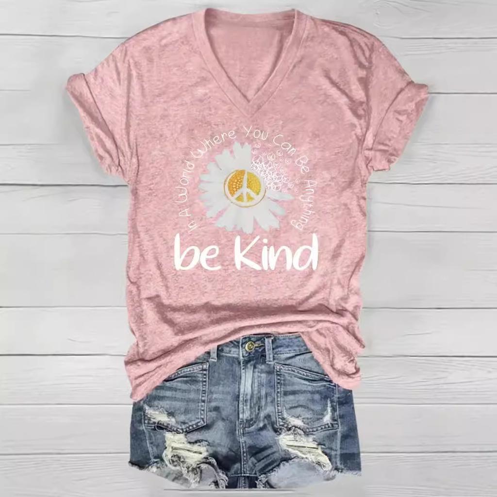 Summer V-neck 3D Flower Pattern Printed Top Fashionable Casual Short Sleeved Women's T-shirts