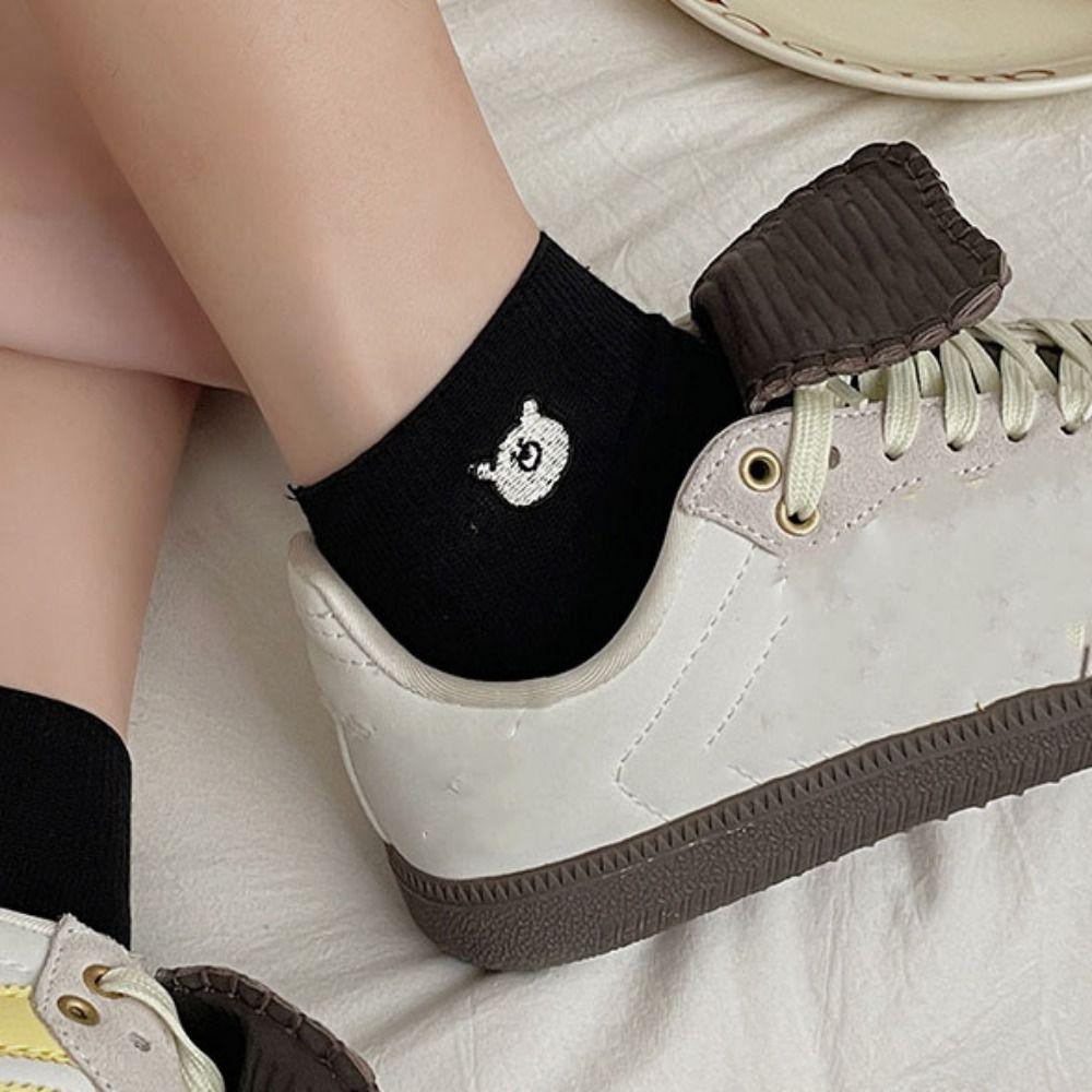 3Pairs Sweet Embroidered Bear Socks Thin Short Tube Socks Women Soft Sweet Ankle Socks  Lady