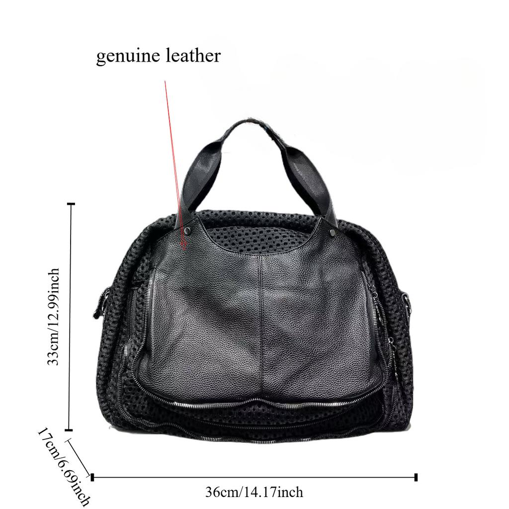 Women'S Mesh Splicing Leather Tote Bag Large Capacity Casual Versatile Shoulder Bag