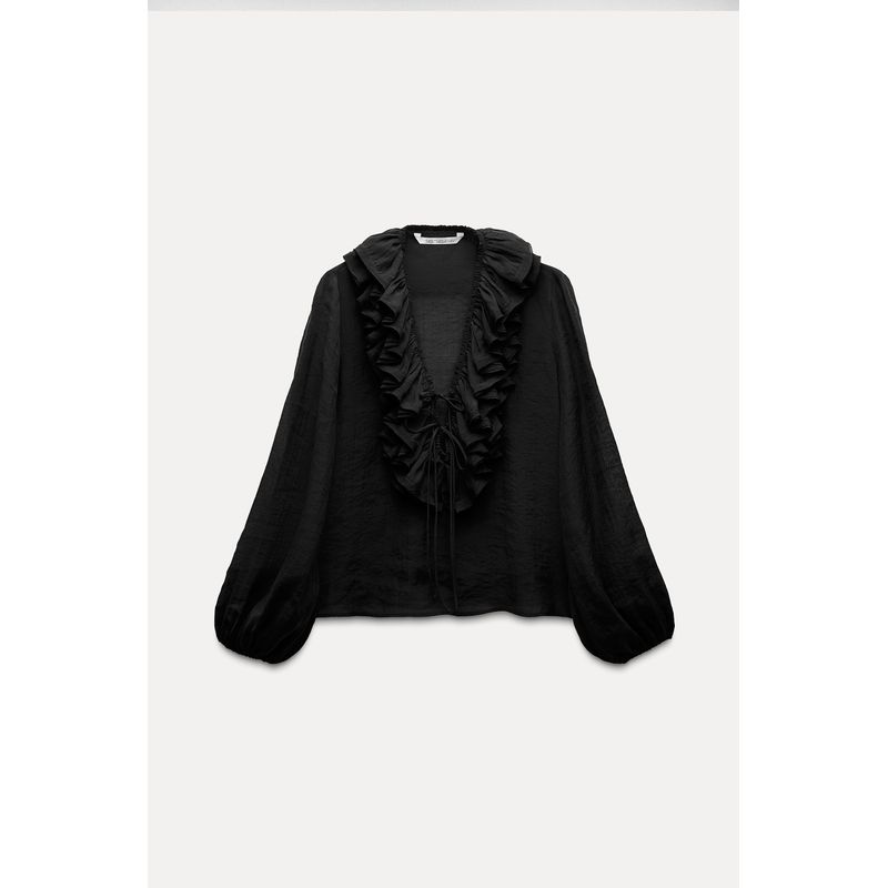 Zaprha Fashionable Shoelace Drape Smock Top Deep V Neck French Ruffles Long Sleeves Shirt for Women 8544207