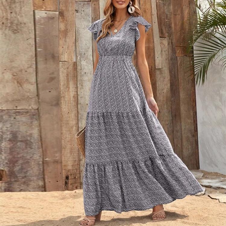 Bohemian Floral Maxi Dress - V-Neck Empire Waist Patchwork