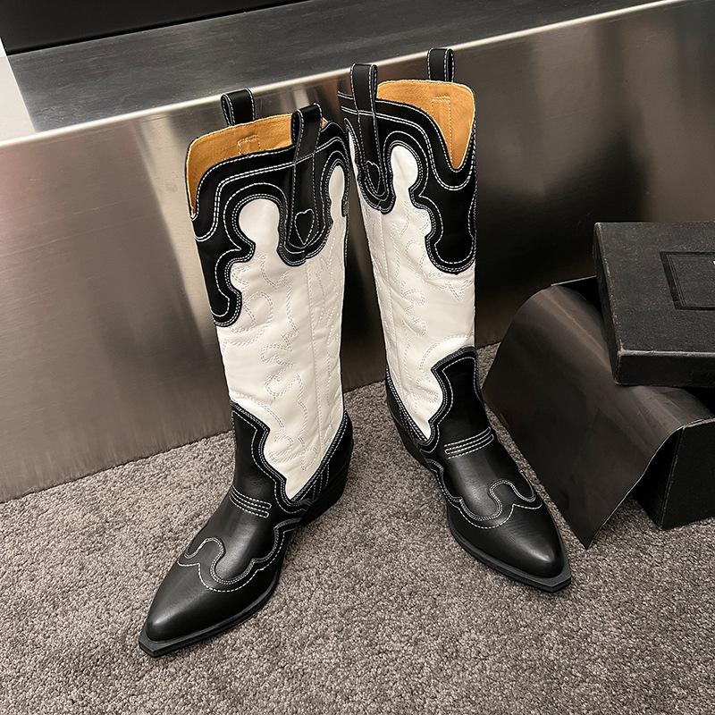 2025 Retro Pointed Women's Boots Thick Heel Sleeve Knight Boots Embroidered High Boots Western Cowboy Boots Trend Explosion
