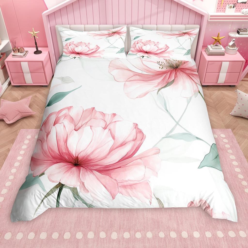 Homewish Watercolor Lotus Flower Duvet Cover Set for Girls, Oil Painting Floral Bedding Set, Botanical Blossom Comforter Cover