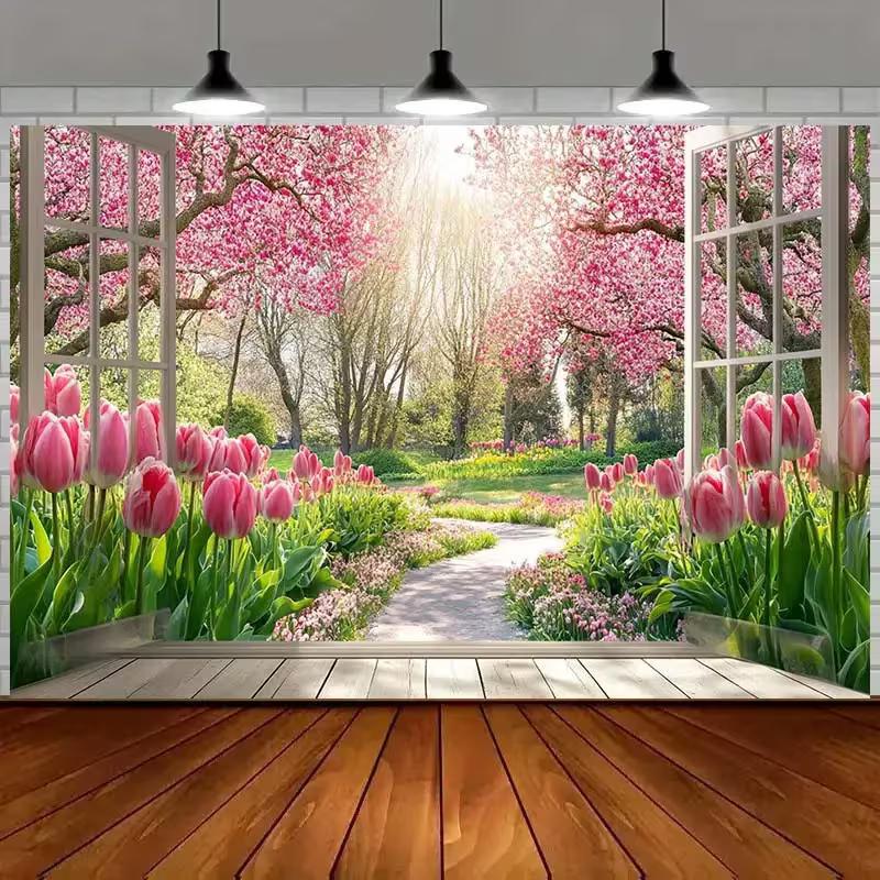 2D Romantic Pink Tulip Garden Window Photography Background Cloth