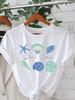 European Size Women'S Short Sleeve T-Shirt | White Beach Vibes with Shell and Starfish Print, 100% Pure