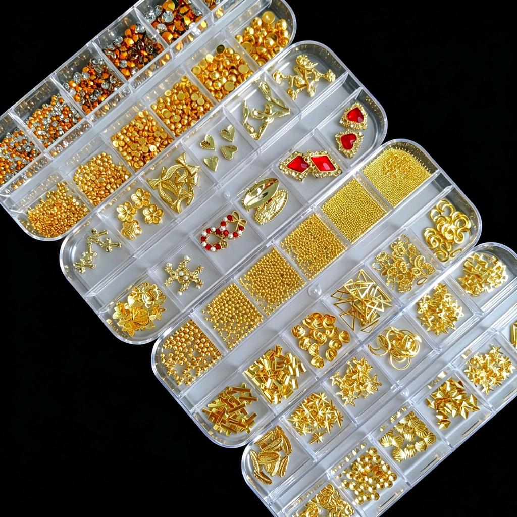 12-Grid Cross Explosion Nail Art Rivets: Butterfly, Streamers, Flowers, Gold & Silver Decorations