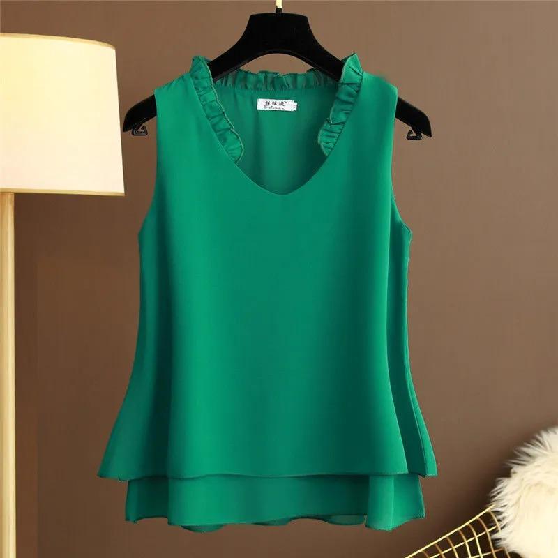 Women Green Ruffle V Neck Sleeveless Chiffon Tank Top M зелёный