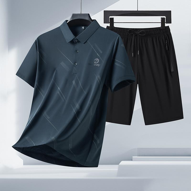Summer Ice Silk Lapel Polo Shirt Men's Short Sleeved T-shirt Shorts Set Quick Drying