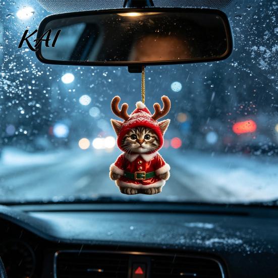 Holiday Gift Packaging Embellishments Santa Cat Christmas Ornament, Acrylic Car Mirror Hanging Decor with Cute Reindeer Antlers, 2D Bag Charm