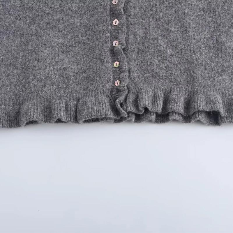 Sweater Cardigans Ruffle Long Sleeve Knitted Cardigan For Women Autumn Bolero Knitwears Button-Down Bluey Gray Cardigan