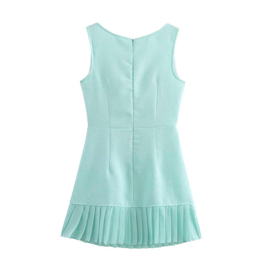2025 Spring Women's European & American Square Neck Sleeveless Pleated Patchwork Dress