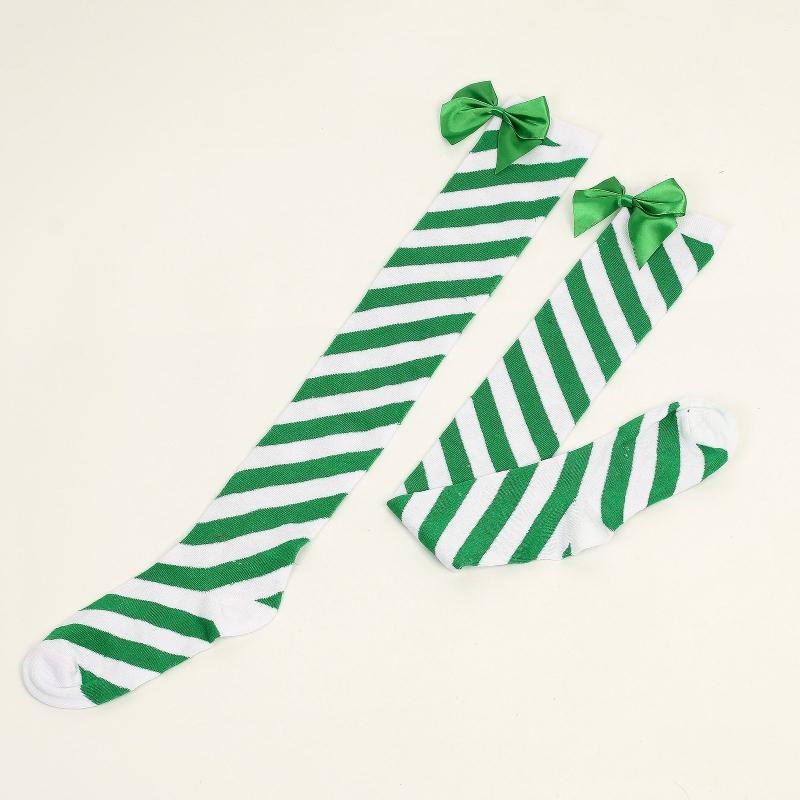 Striped Stockings For Women Over The Knee Long Socks Christmas Green Red Bowknot Long Socks Female Leg Stocking