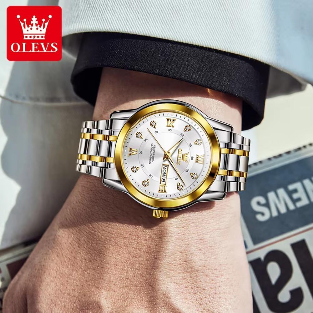OLEVS Men's Watch Dual Calendar Display Waterproof Luminous Original Luxury Diamond Watch Fashion Men's Watch