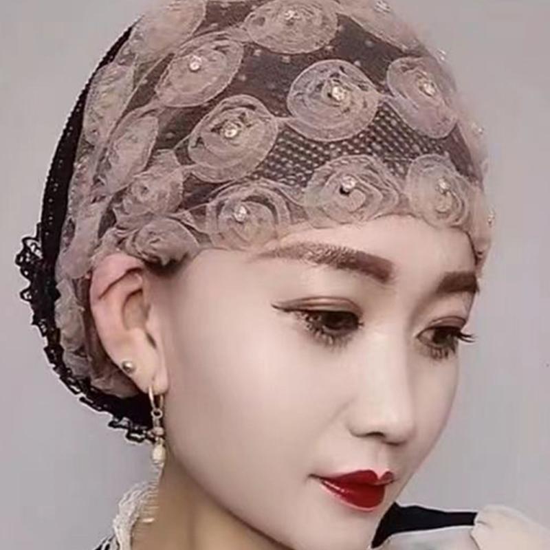Beautiful Diamonds Flower Women'S Lace Turban Hat Breathable Mesh Summer Muslim Headwear Hat Female Daily Beanie Hair Wraps