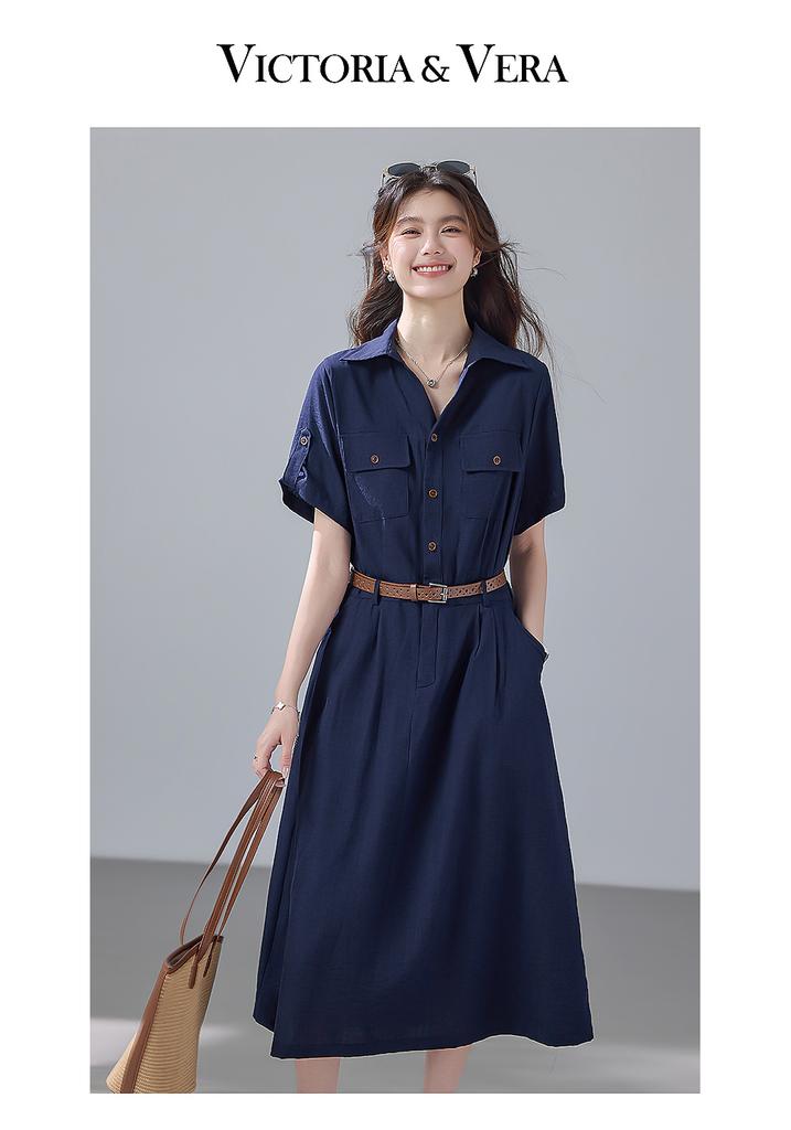 Relaxed Lapel Short-Sleeved Dress with Lining