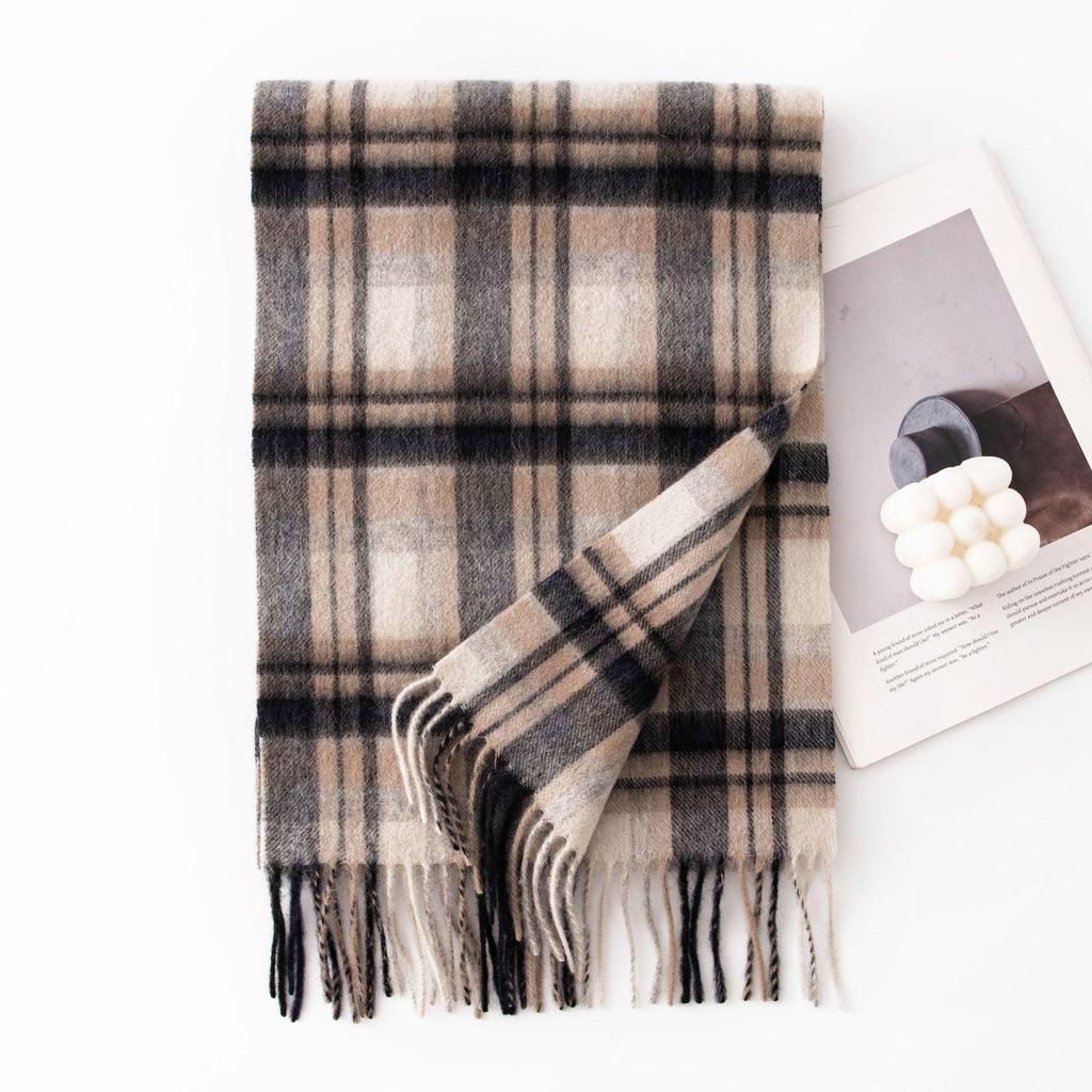 Women's 100% Wool Plaid Scarf - Korean Style, Autumn/Winter 2025, Long Tassel Shawl, Cold-Proof and Warm