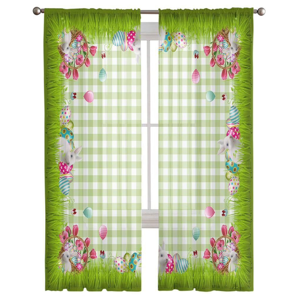 Velikonoční jaro králičí kostkované tylové závěsy do obývacího pokoje voál průhledný závěs okenní závěsy