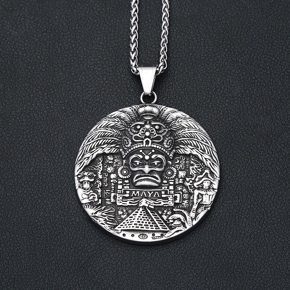 New Vintage Stainless Steel Mayan Pattern Pendant Necklaces For Men Women Big Size AZTEC CALENDAR Necklace Amulet Jewelry Gifts