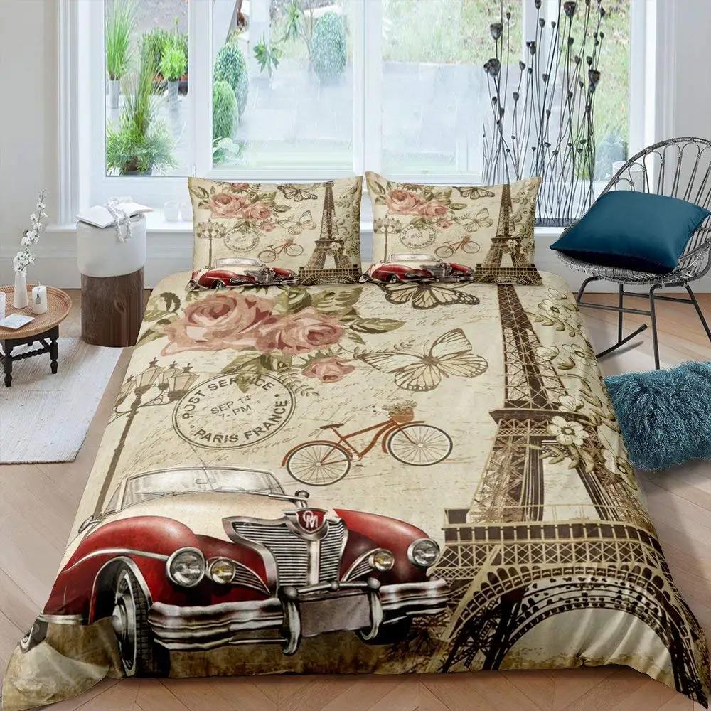 Housse de Couette Tour Eiffel Romantique Moderne Bâtiment de Ville de Paris Rouge et Bleu Housse de Couette pour Couple Accessoires Décor pour Adolescente