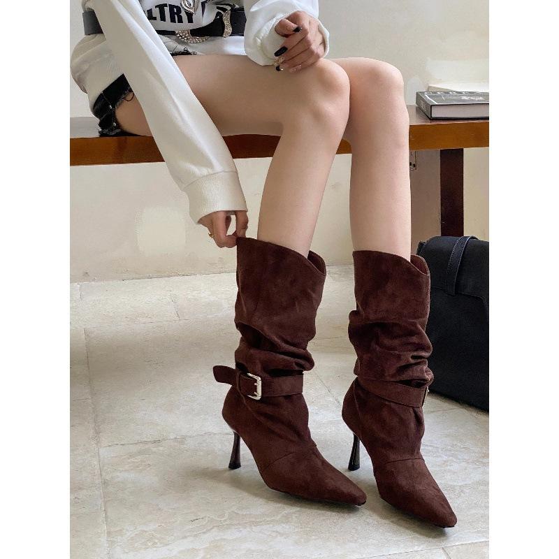 Two wear pointed thin heel high heel boots western cowboy boots suede metal buckle short boots medium boots