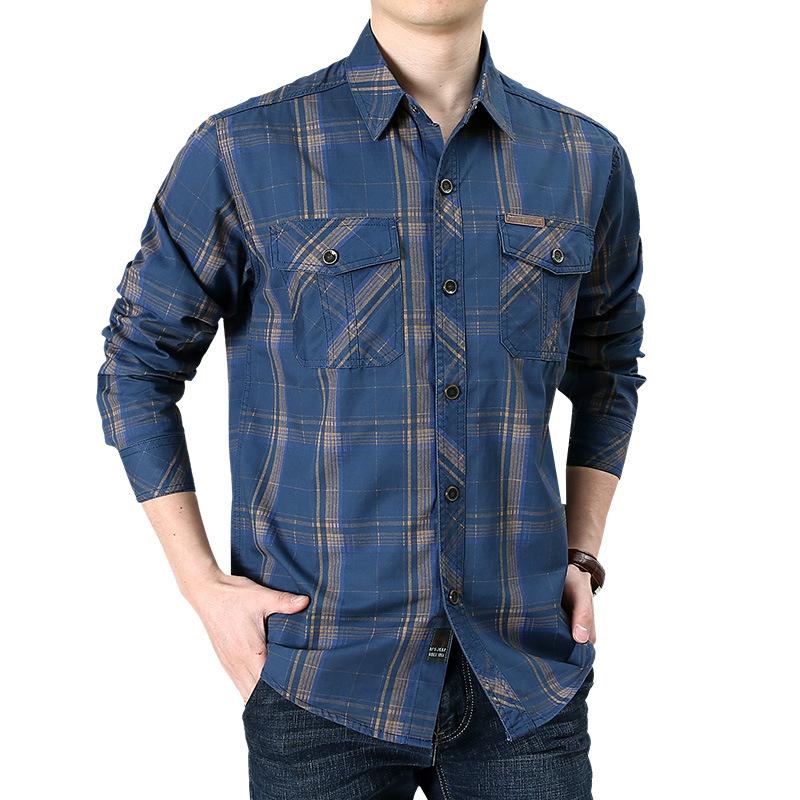 Middle-aged and Young Men's Business Casual Large-size Cotton Work Shirt Autumn New Plaid Long-sleeved Shirt Thin