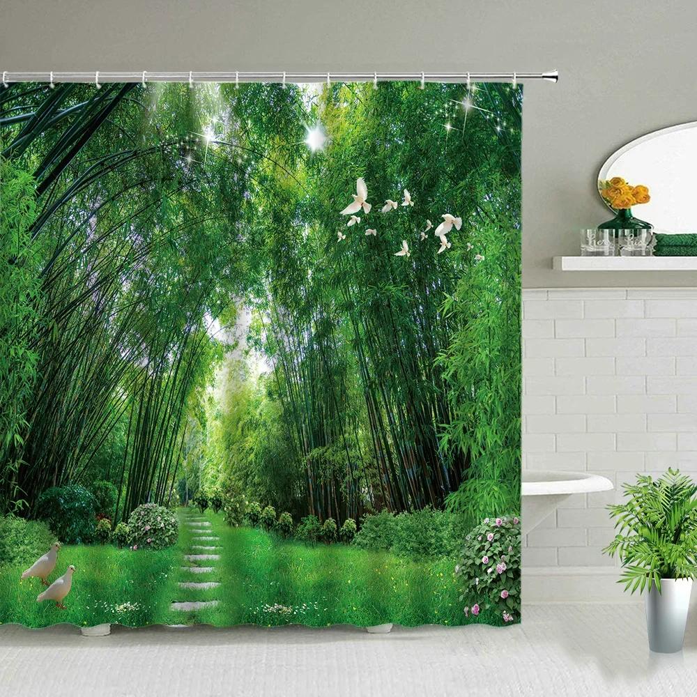 Chinese Style Green Bamboo Series Shower Curtain Set Waterproof Home Bathroom Decor Curtains With Hook Popular Bath Accessories